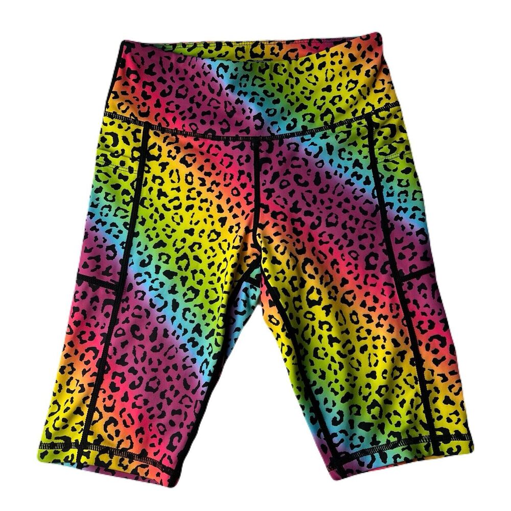 Zyia Active Rainbow Leopard Light n’ Tight Hustle Bike Shorts w/Pockets Sz Small